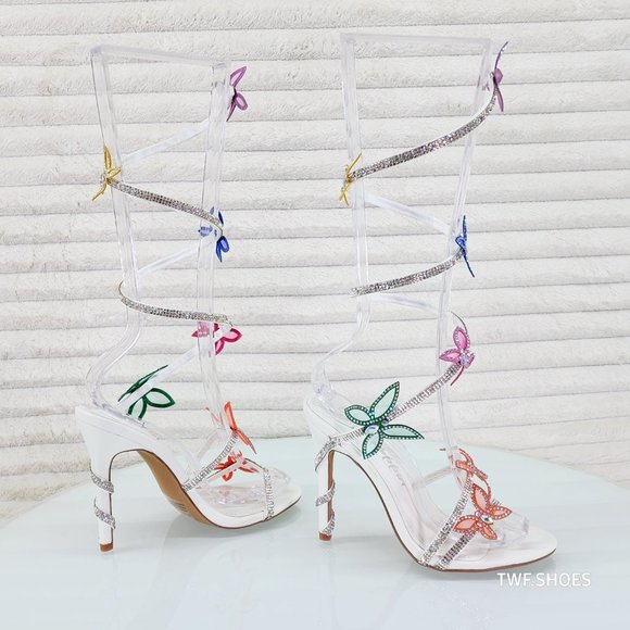 Fly Girl White Upper & Rhinestones Multi Color Butterfly Wrap Strap High Heels - Picture 3 of 10